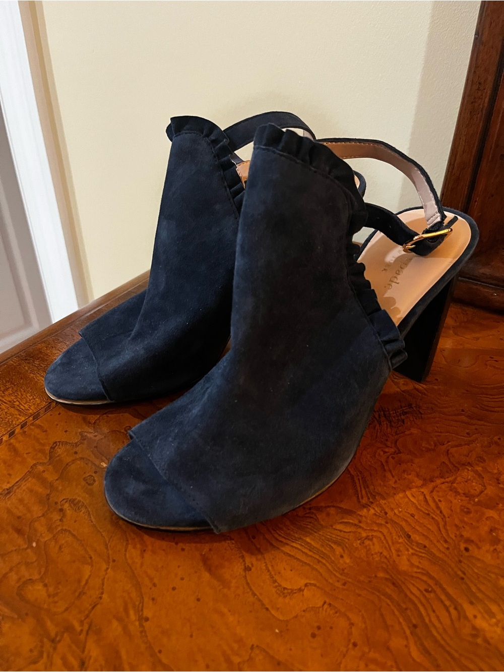 kate spade Black Suede Ruffle Slingback Block Heels